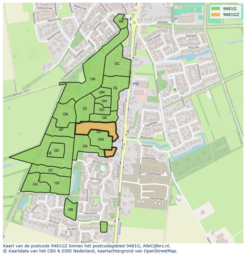 Afbeelding van het postcodegebied 9481 GZ op de kaart.