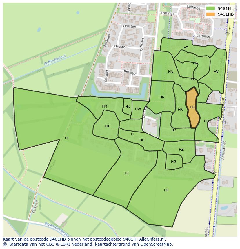 Afbeelding van het postcodegebied 9481 HB op de kaart.