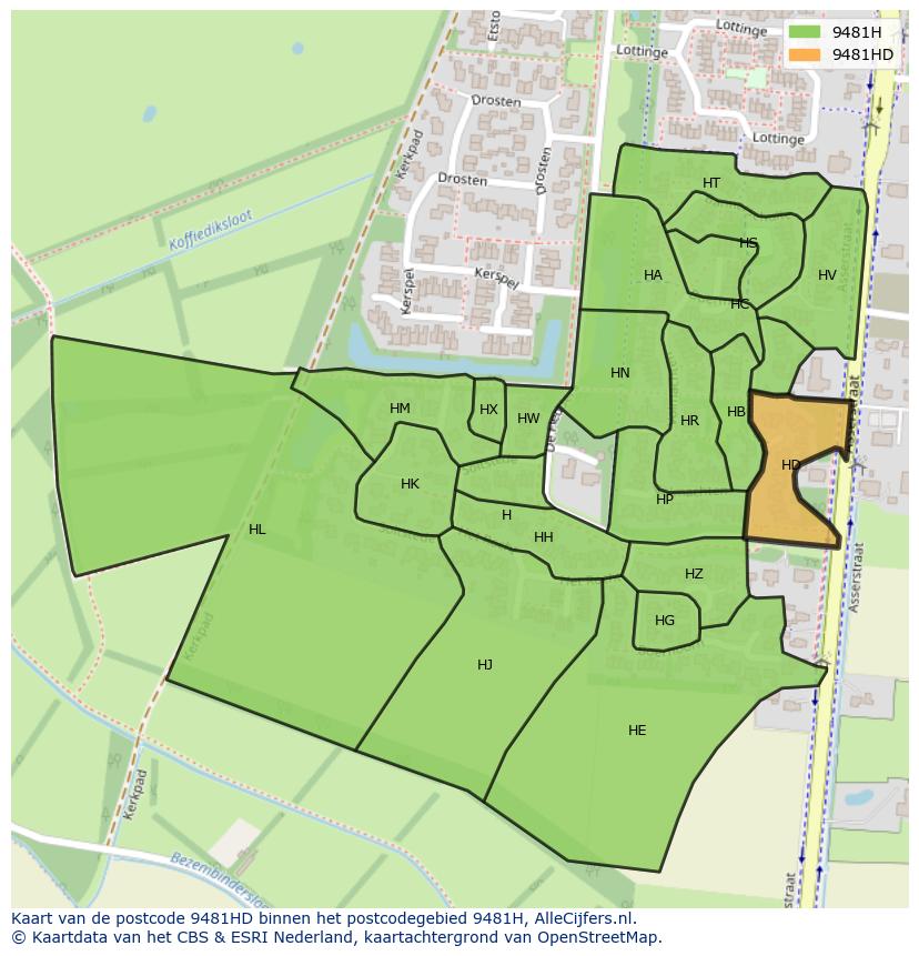 Afbeelding van het postcodegebied 9481 HD op de kaart.