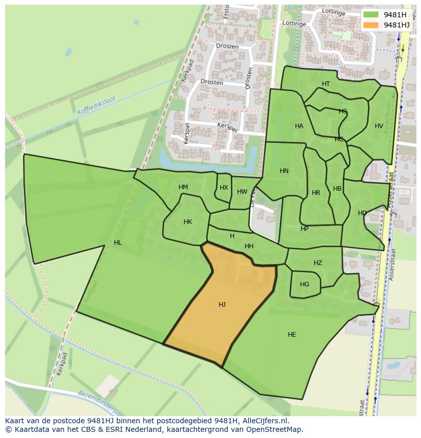 Afbeelding van het postcodegebied 9481 HJ op de kaart.