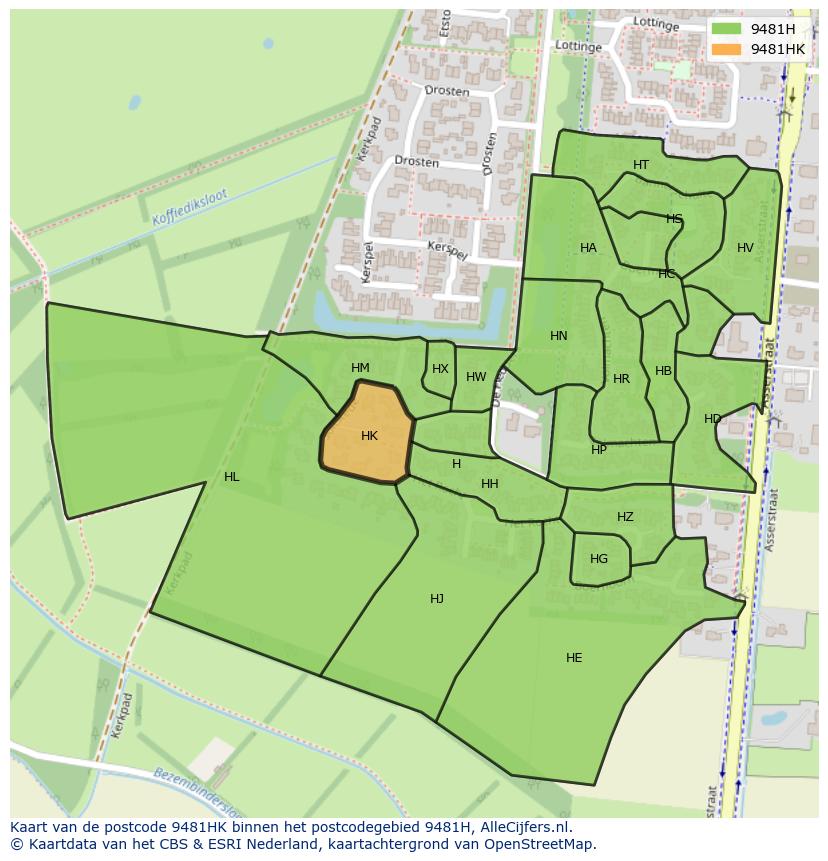 Afbeelding van het postcodegebied 9481 HK op de kaart.