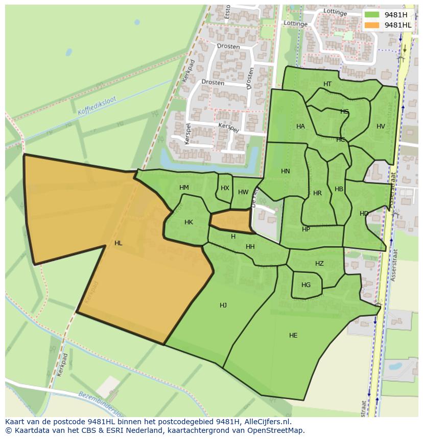 Afbeelding van het postcodegebied 9481 HL op de kaart.