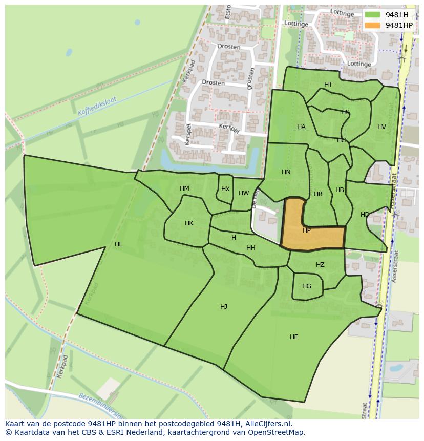 Afbeelding van het postcodegebied 9481 HP op de kaart.