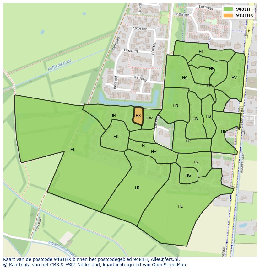 Afbeelding van het postcodegebied 9481 HX op de kaart.