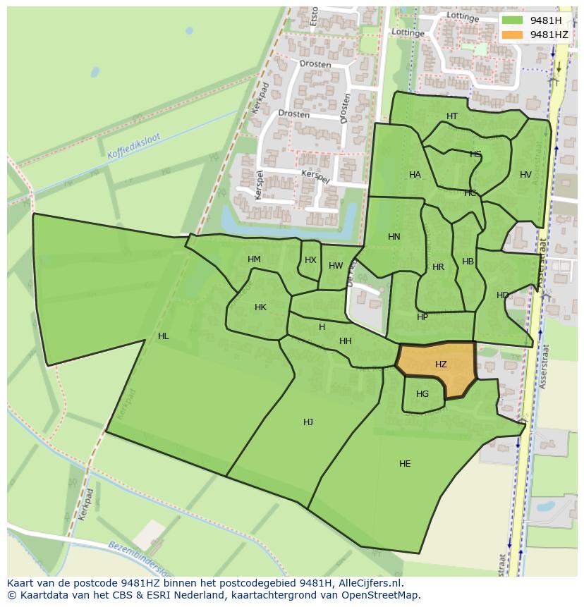 Afbeelding van het postcodegebied 9481 HZ op de kaart.