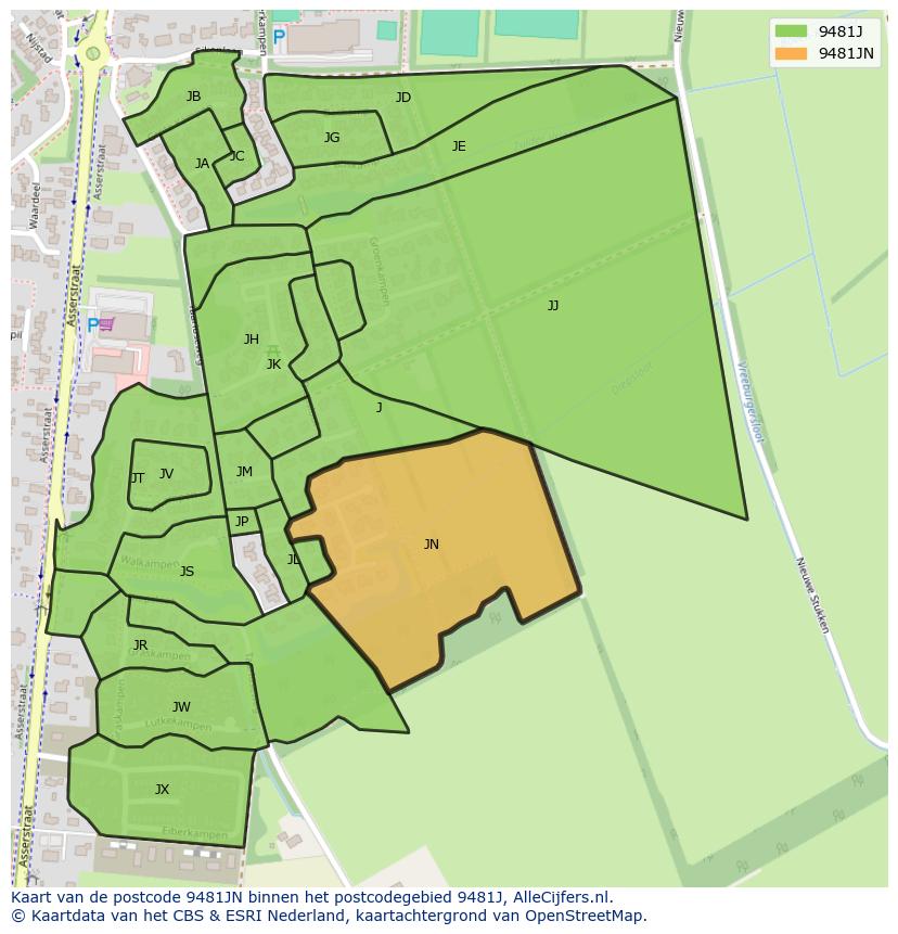 Afbeelding van het postcodegebied 9481 JN op de kaart.