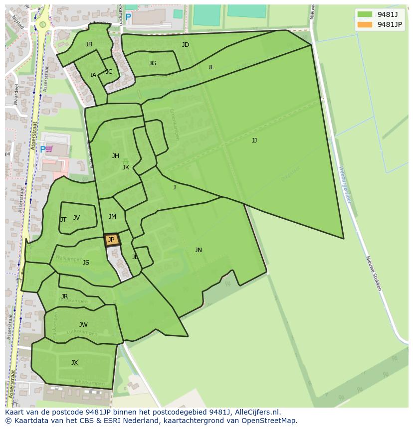 Afbeelding van het postcodegebied 9481 JP op de kaart.
