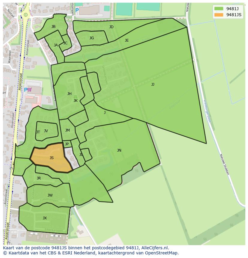 Afbeelding van het postcodegebied 9481 JS op de kaart.