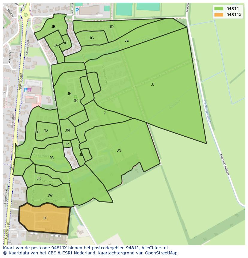 Afbeelding van het postcodegebied 9481 JX op de kaart.