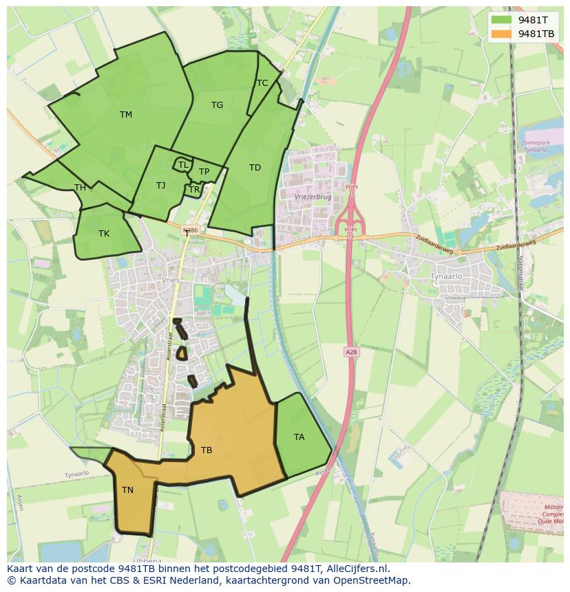 Afbeelding van het postcodegebied 9481 TB op de kaart.