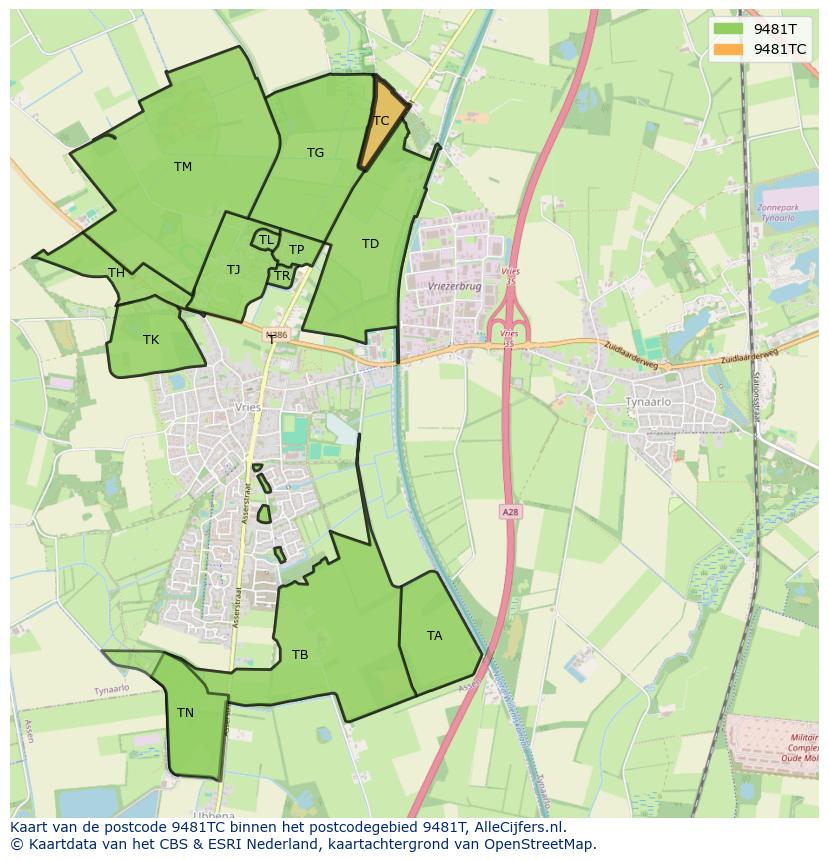 Afbeelding van het postcodegebied 9481 TC op de kaart.