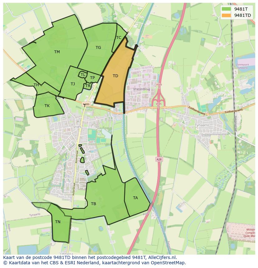 Afbeelding van het postcodegebied 9481 TD op de kaart.