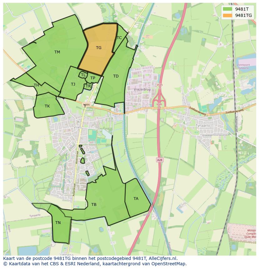 Afbeelding van het postcodegebied 9481 TG op de kaart.