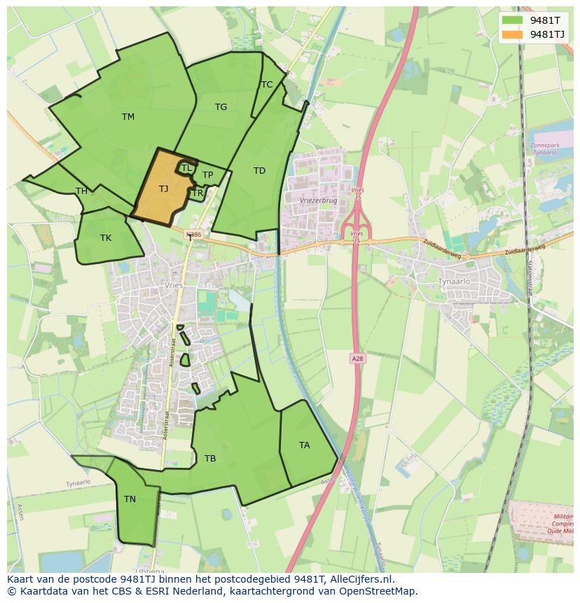 Afbeelding van het postcodegebied 9481 TJ op de kaart.
