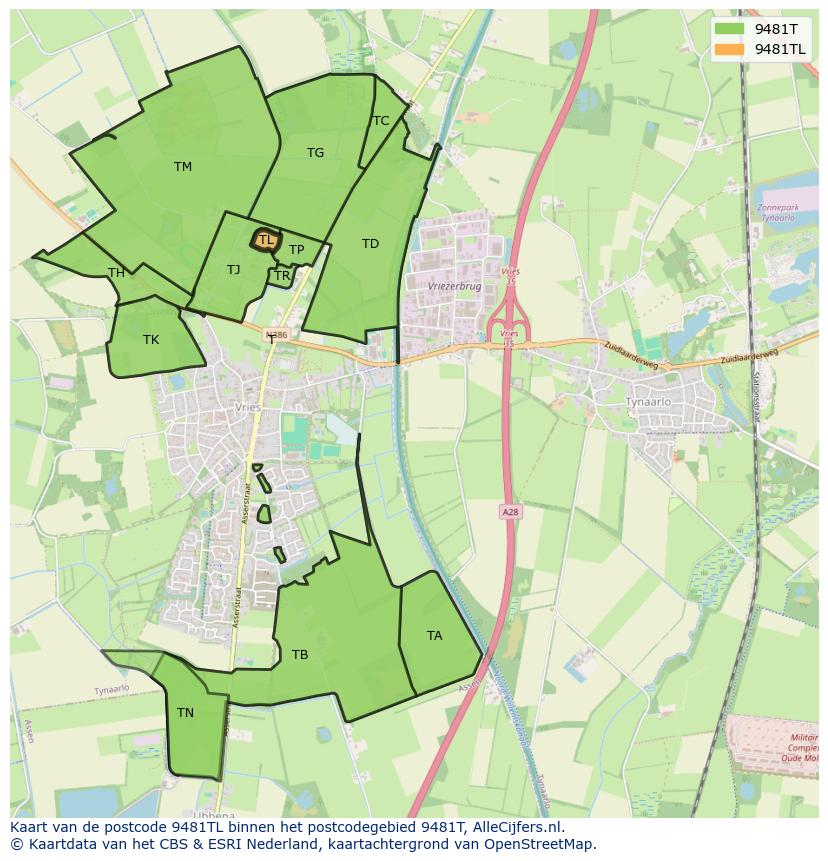 Afbeelding van het postcodegebied 9481 TL op de kaart.