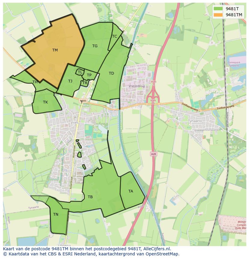 Afbeelding van het postcodegebied 9481 TM op de kaart.