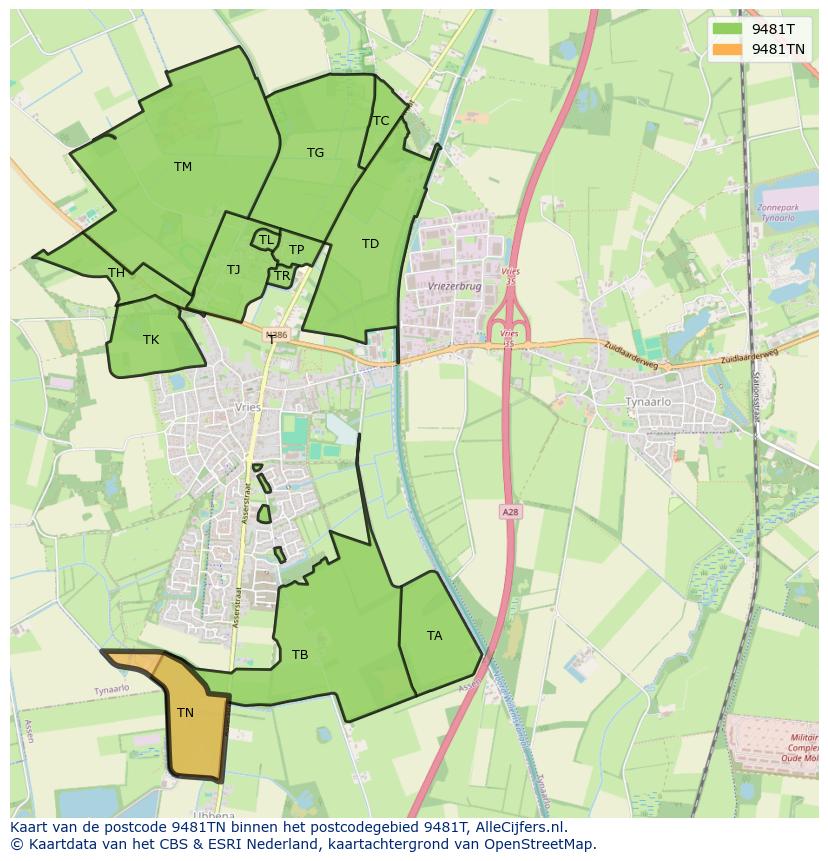 Afbeelding van het postcodegebied 9481 TN op de kaart.