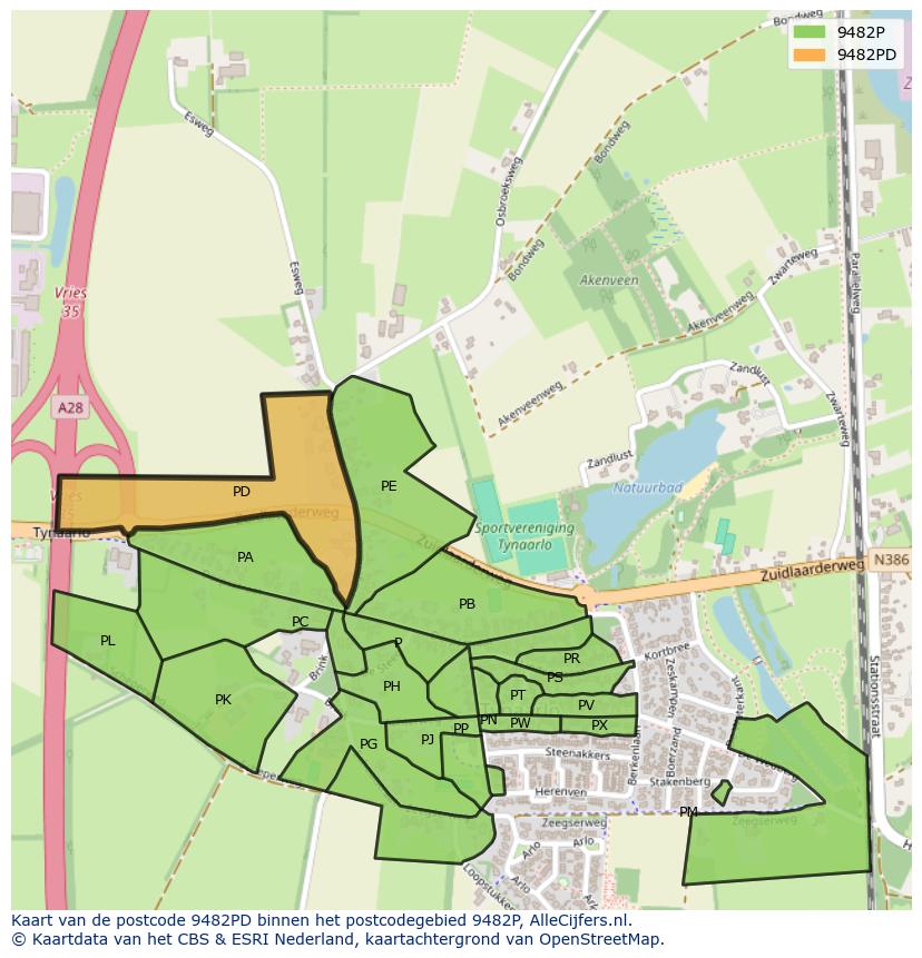 Afbeelding van het postcodegebied 9482 PD op de kaart.