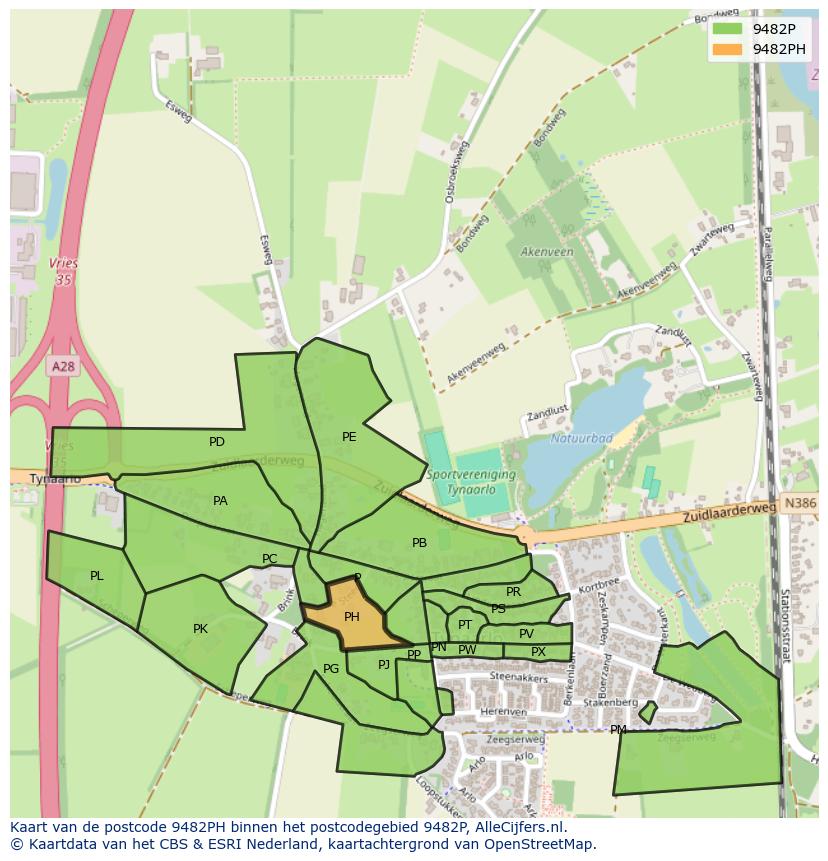 Afbeelding van het postcodegebied 9482 PH op de kaart.