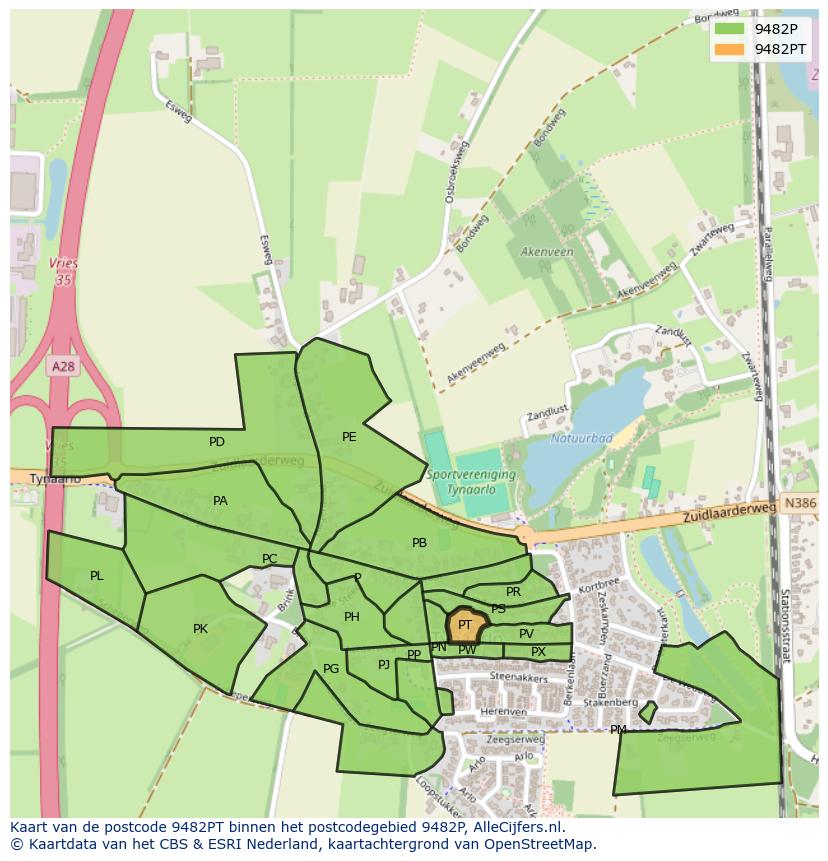 Afbeelding van het postcodegebied 9482 PT op de kaart.