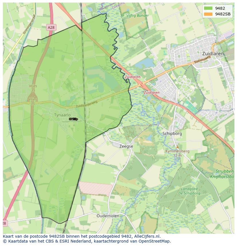 Afbeelding van het postcodegebied 9482 SB op de kaart.