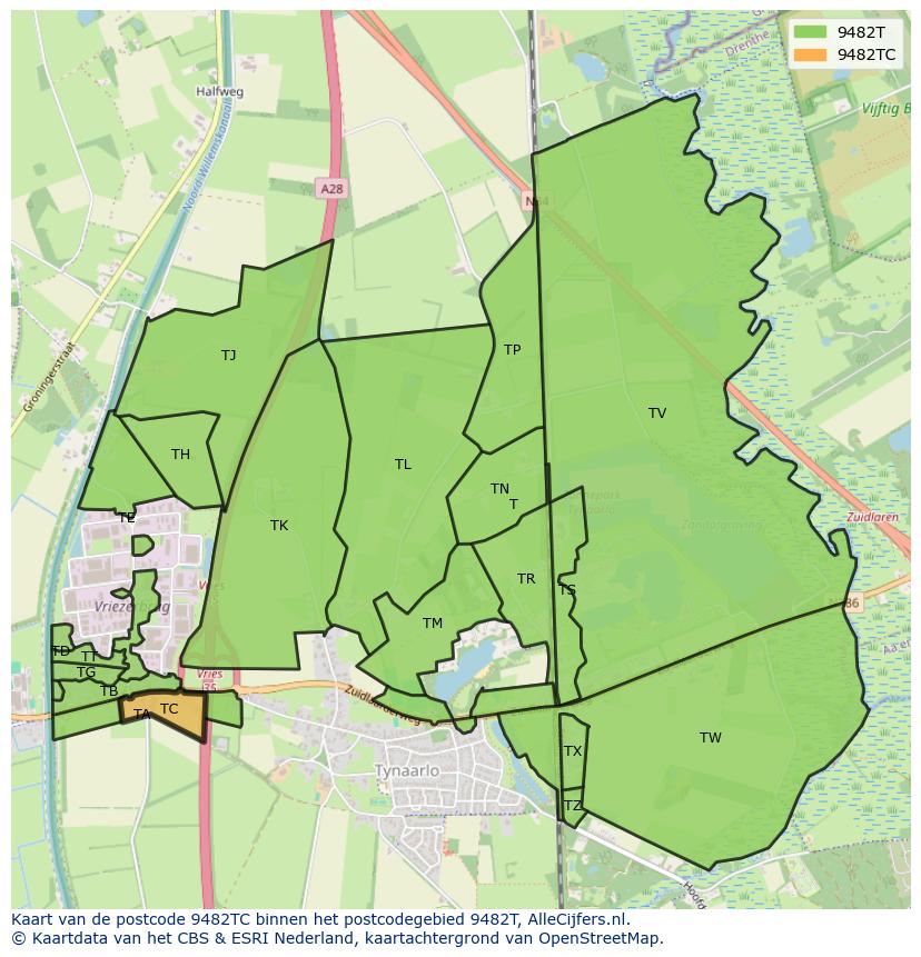 Afbeelding van het postcodegebied 9482 TC op de kaart.