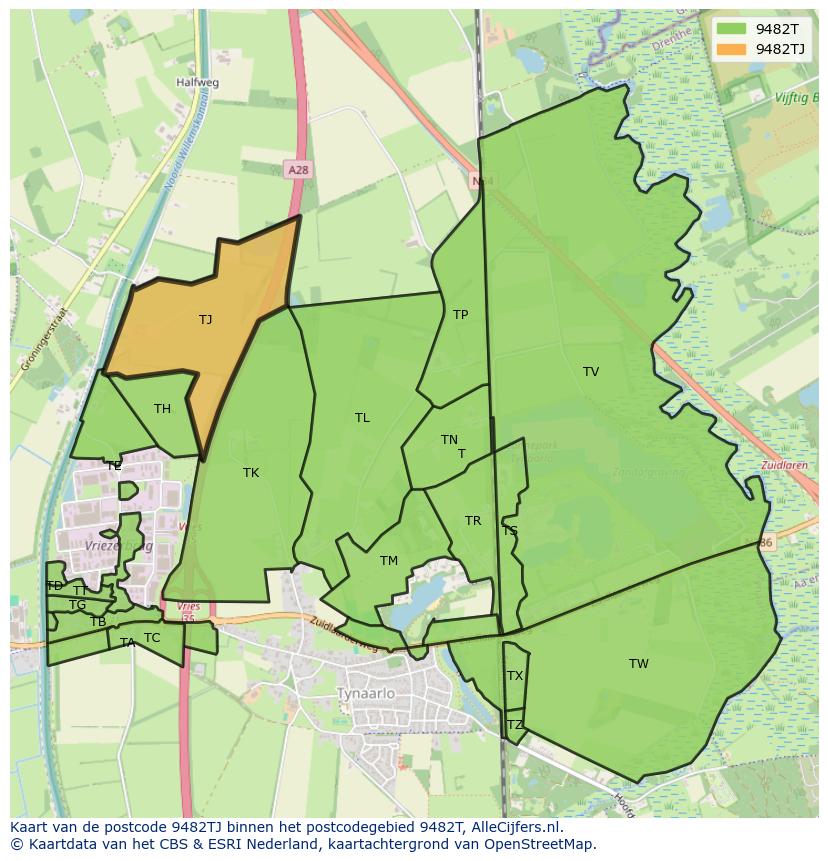 Afbeelding van het postcodegebied 9482 TJ op de kaart.