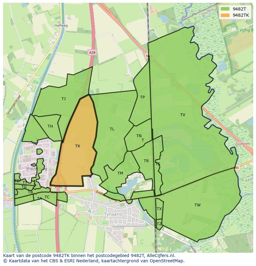 Afbeelding van het postcodegebied 9482 TK op de kaart.