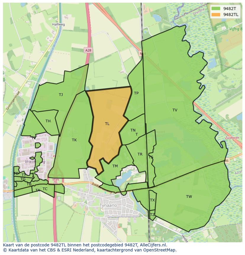 Afbeelding van het postcodegebied 9482 TL op de kaart.