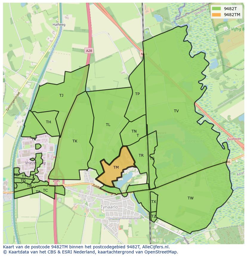 Afbeelding van het postcodegebied 9482 TM op de kaart.