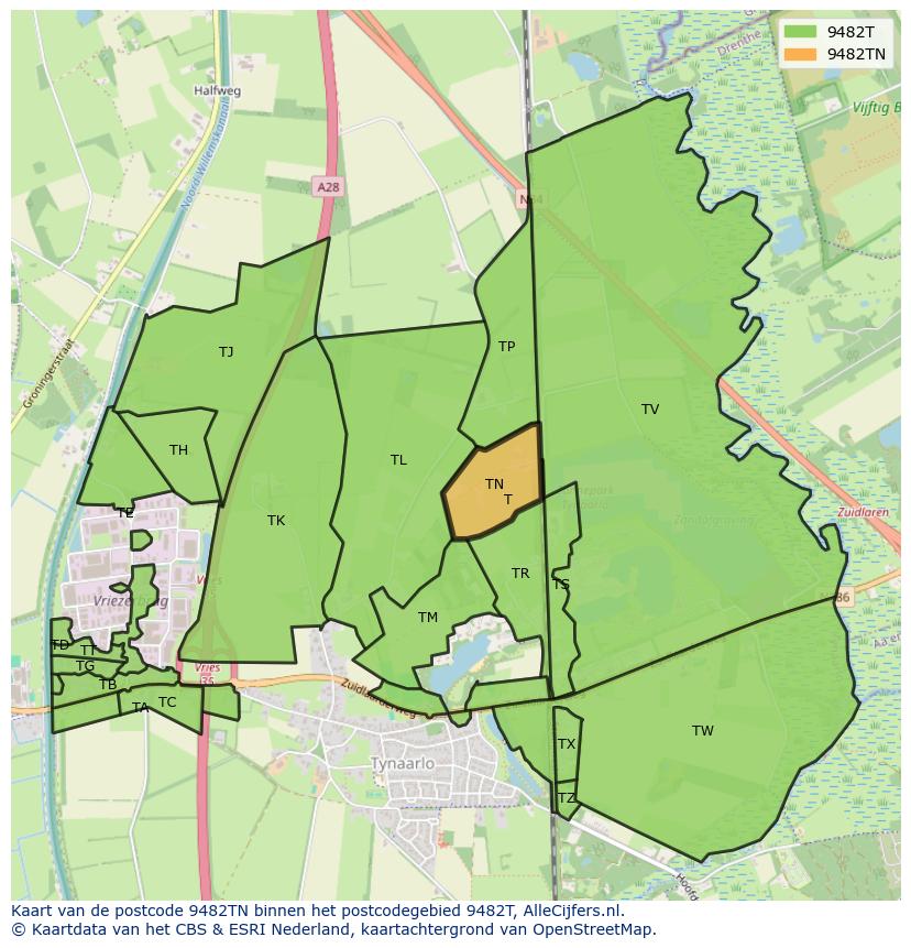 Afbeelding van het postcodegebied 9482 TN op de kaart.