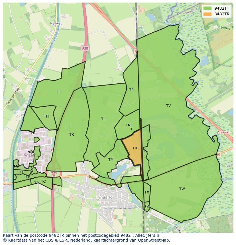 Afbeelding van het postcodegebied 9482 TR op de kaart.