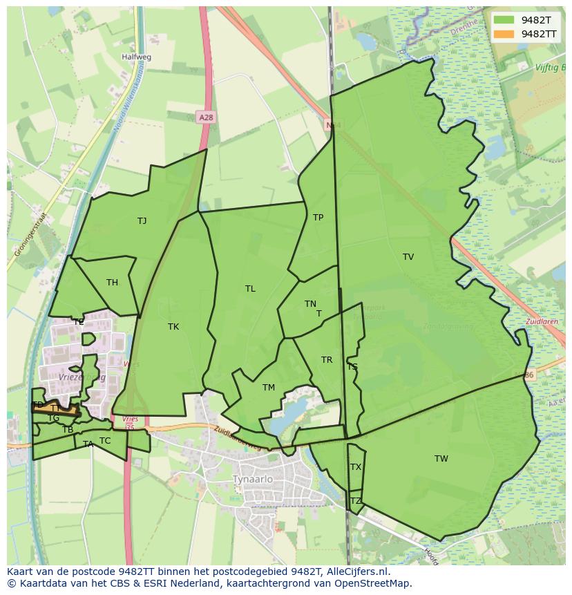 Afbeelding van het postcodegebied 9482 TT op de kaart.