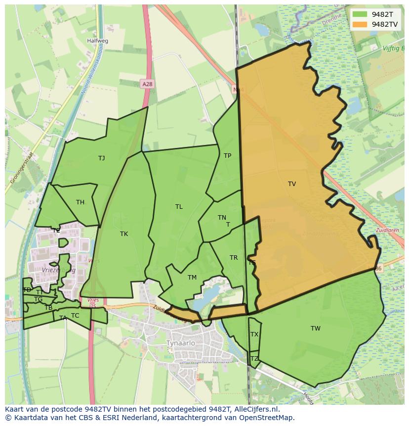 Afbeelding van het postcodegebied 9482 TV op de kaart.