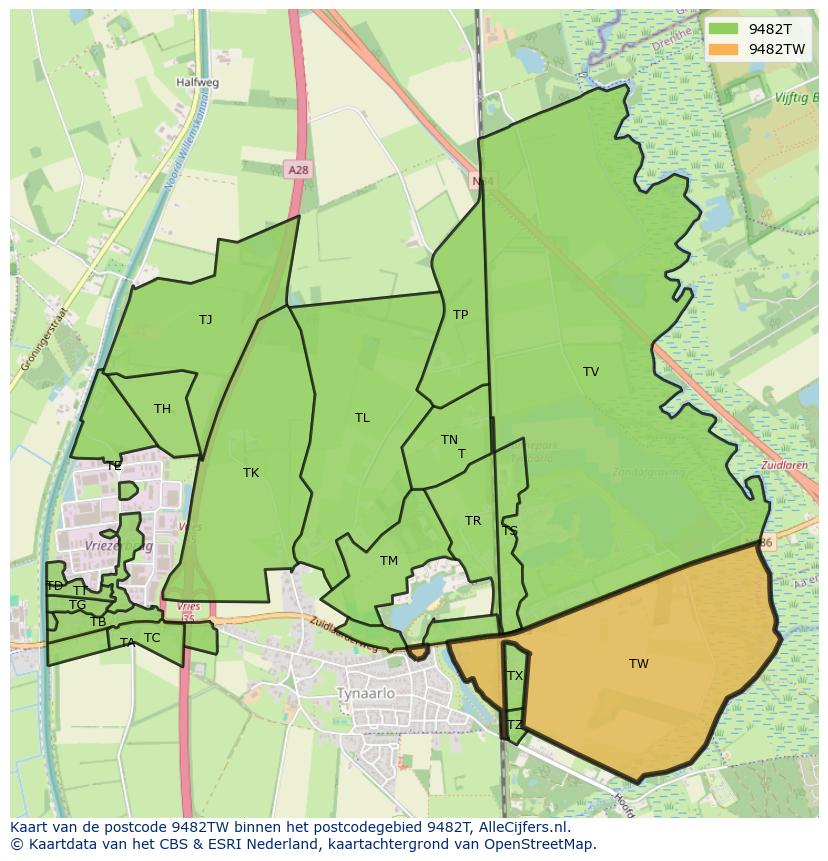 Afbeelding van het postcodegebied 9482 TW op de kaart.