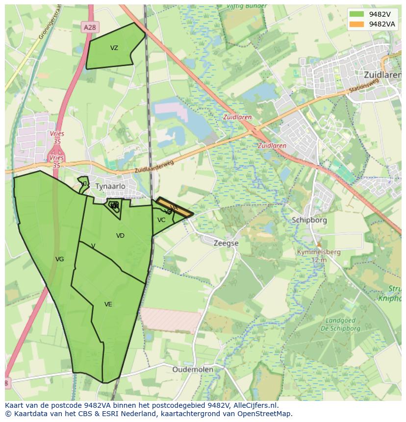 Afbeelding van het postcodegebied 9482 VA op de kaart.