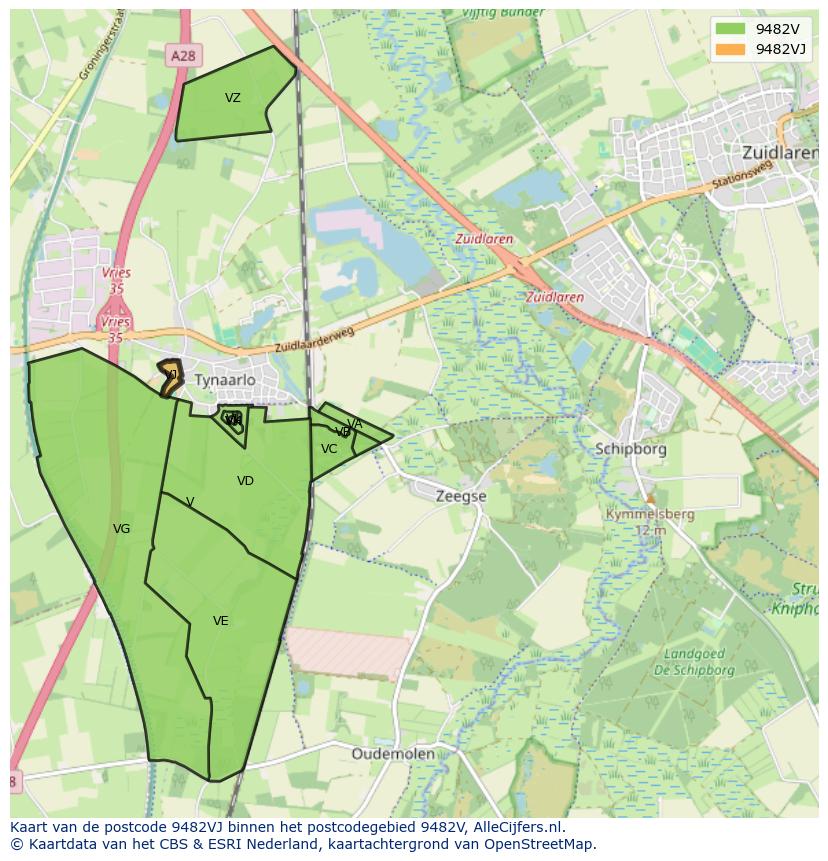 Afbeelding van het postcodegebied 9482 VJ op de kaart.