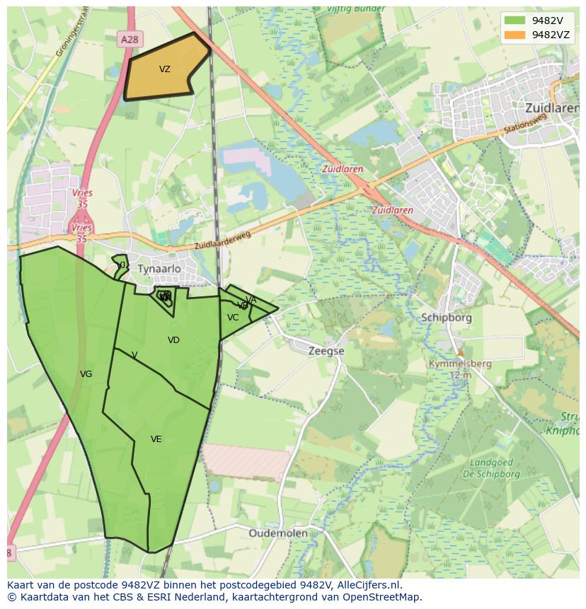 Afbeelding van het postcodegebied 9482 VZ op de kaart.