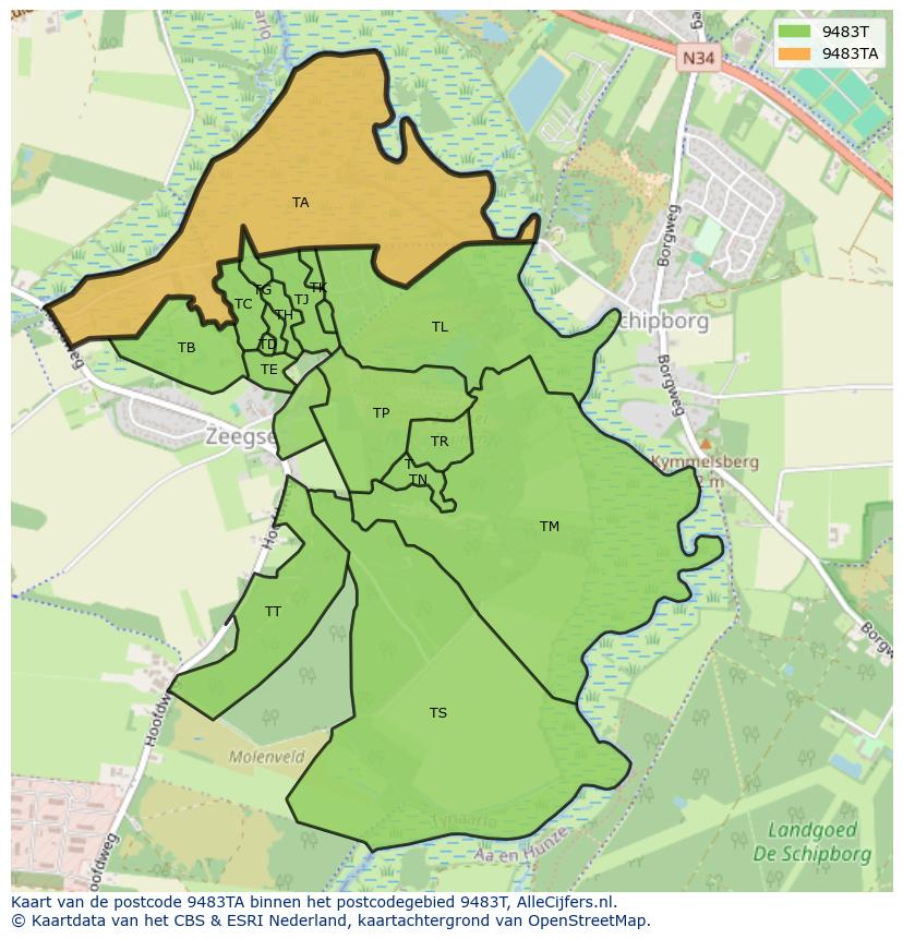 Afbeelding van het postcodegebied 9483 TA op de kaart.