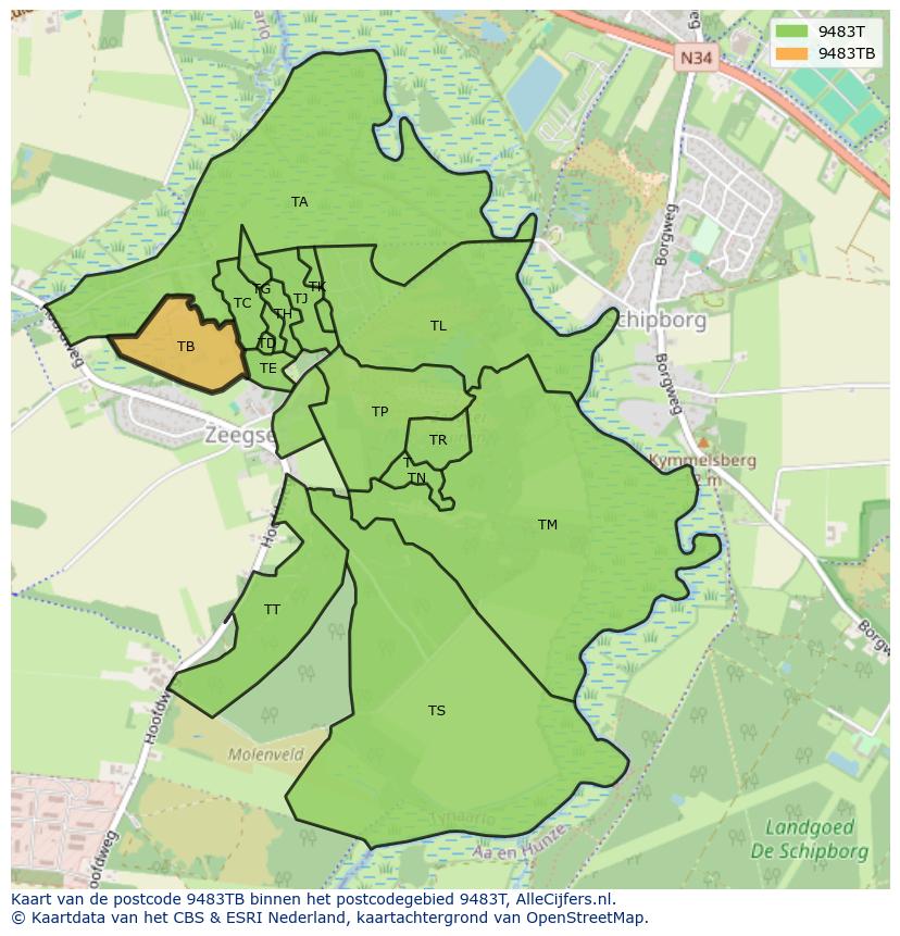 Afbeelding van het postcodegebied 9483 TB op de kaart.