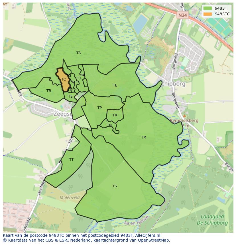 Afbeelding van het postcodegebied 9483 TC op de kaart.