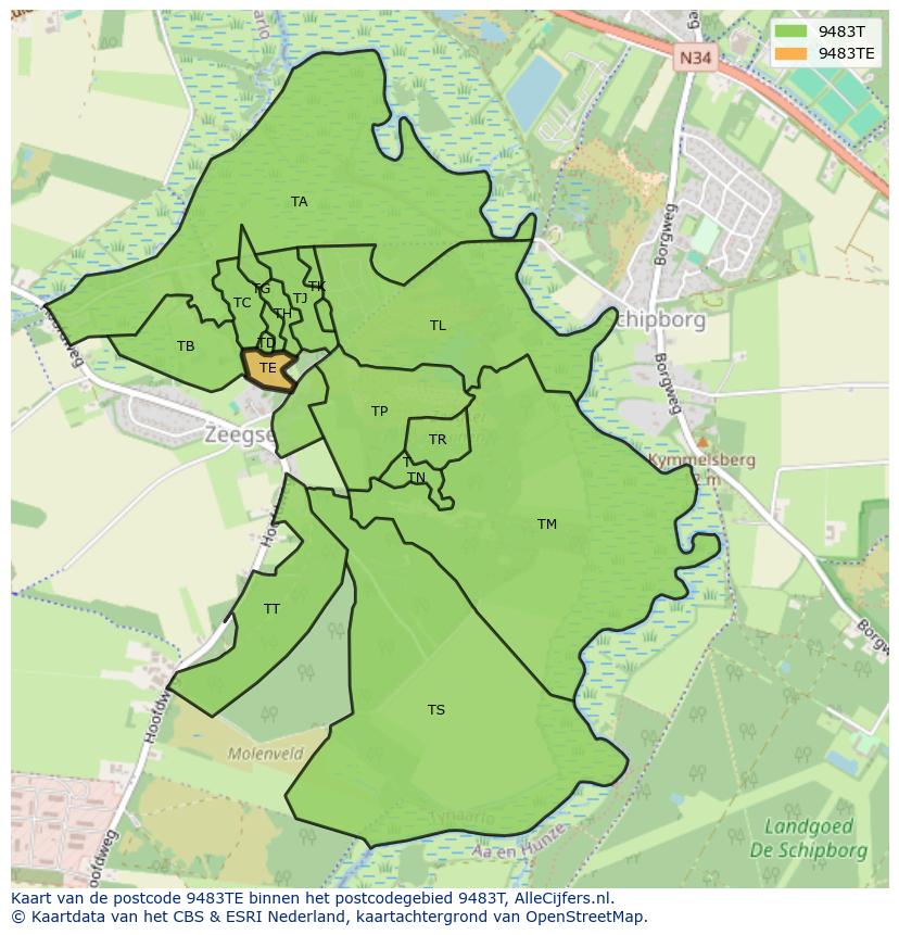 Afbeelding van het postcodegebied 9483 TE op de kaart.