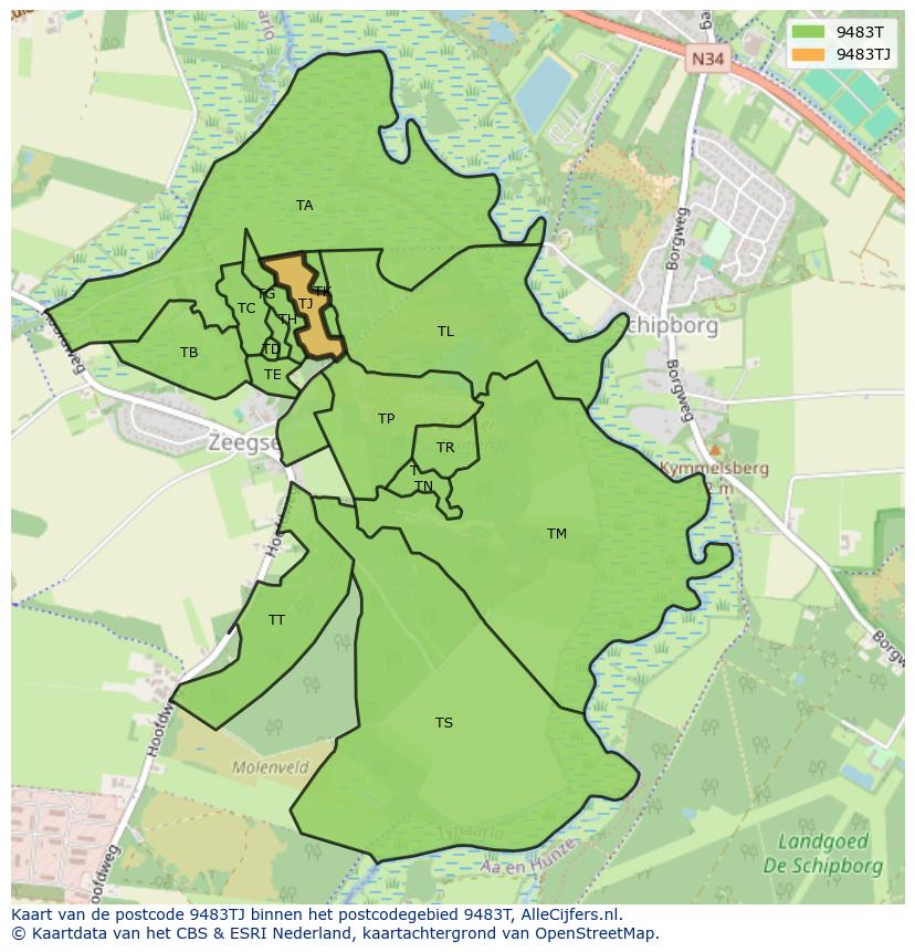 Afbeelding van het postcodegebied 9483 TJ op de kaart.