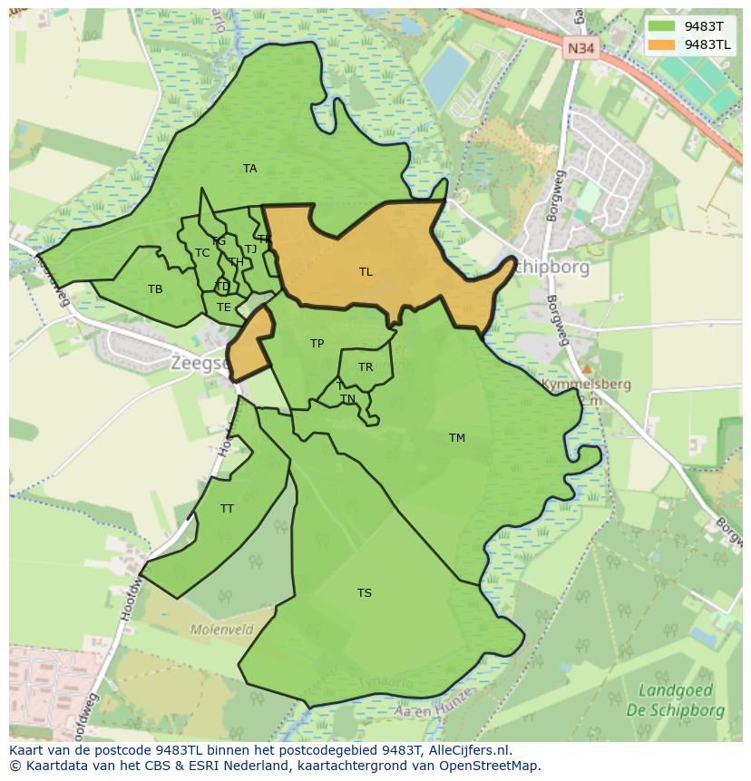 Afbeelding van het postcodegebied 9483 TL op de kaart.