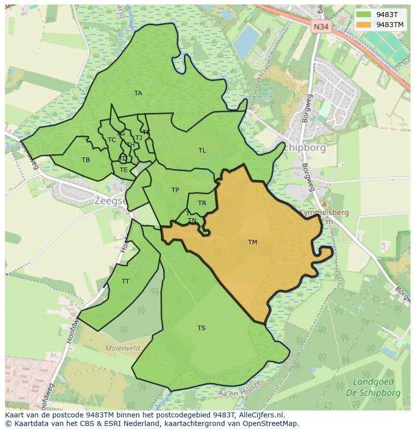 Afbeelding van het postcodegebied 9483 TM op de kaart.