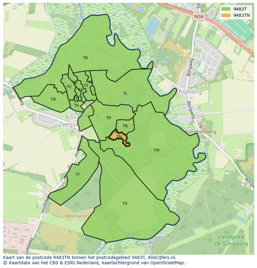 Afbeelding van het postcodegebied 9483 TN op de kaart.