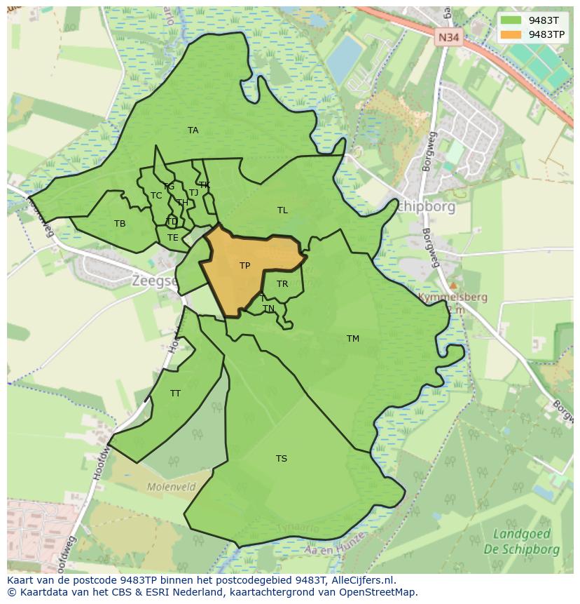 Afbeelding van het postcodegebied 9483 TP op de kaart.