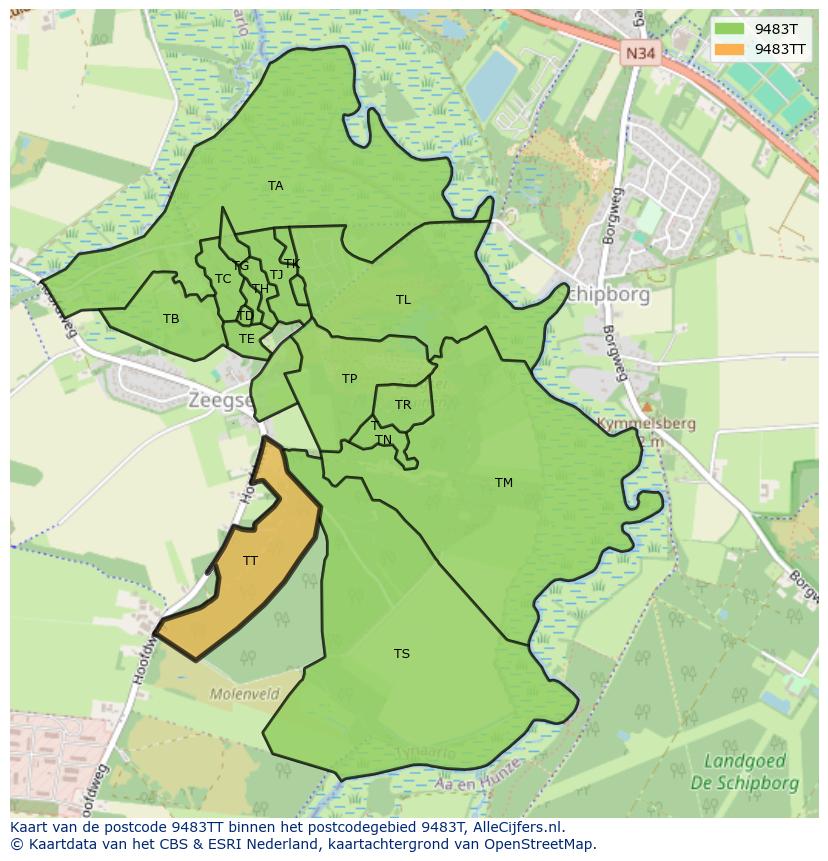 Afbeelding van het postcodegebied 9483 TT op de kaart.