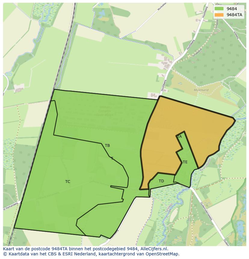 Afbeelding van het postcodegebied 9484 TA op de kaart.