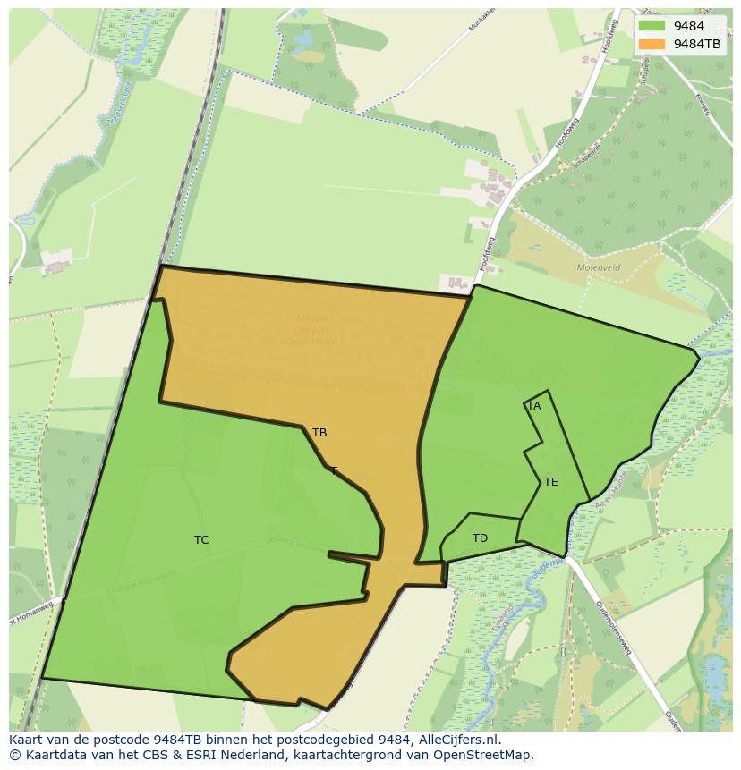 Afbeelding van het postcodegebied 9484 TB op de kaart.